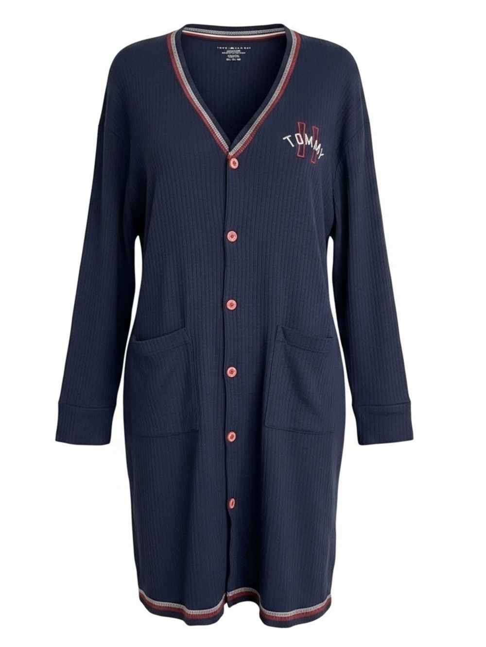 Tommy Hilfiger Navy Long Ribbed Button-Front Sleep Cardigan with Red Trim